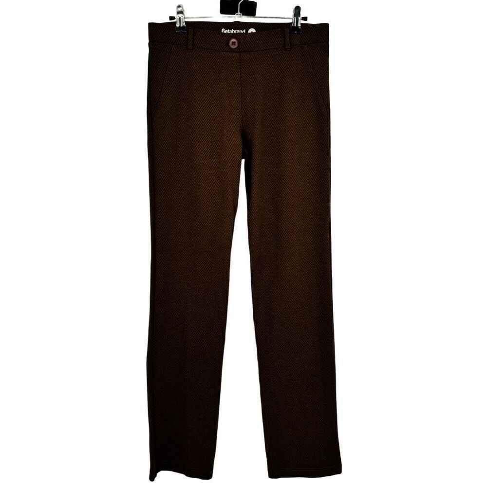Betabrand Classic Dress Pant Yoga Pant | Straight Leg Brown Chevron Pattern Medi